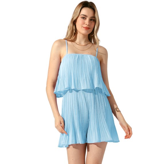 DARING DIVA Women's Ruffled Pleated Spaghetti Strap Sleeveless Rompers S Blue