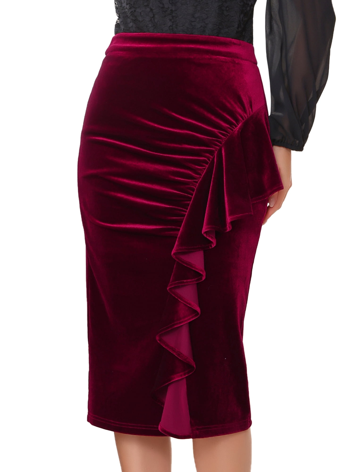 DARING DIVA Women's Ruffled Ruched Cocktail Midi Skirts Large Burgundy