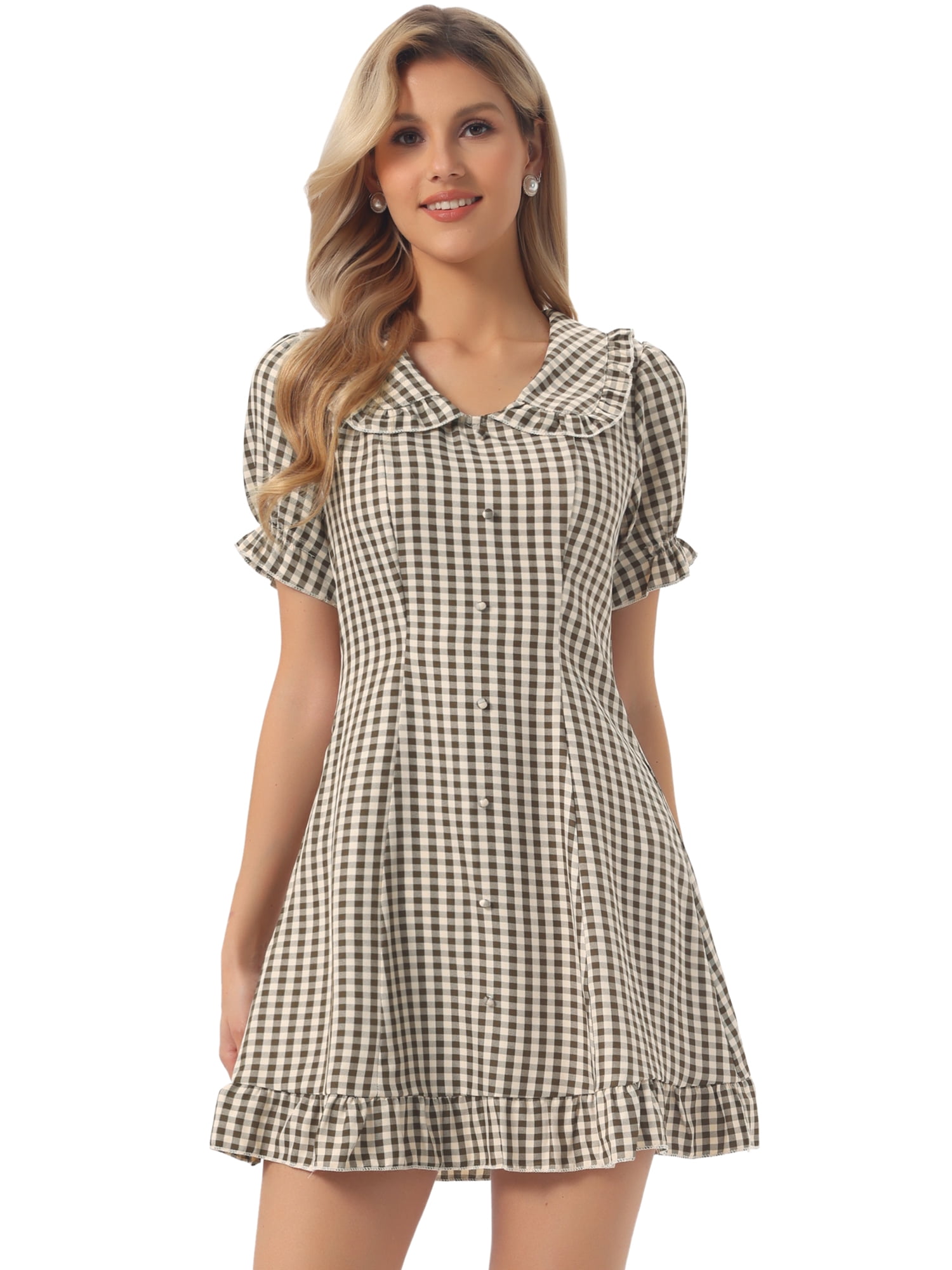 DARING DIVA Women's Ruffled Short Sleeve Collar Cute Checkered Mini Dress M Brown