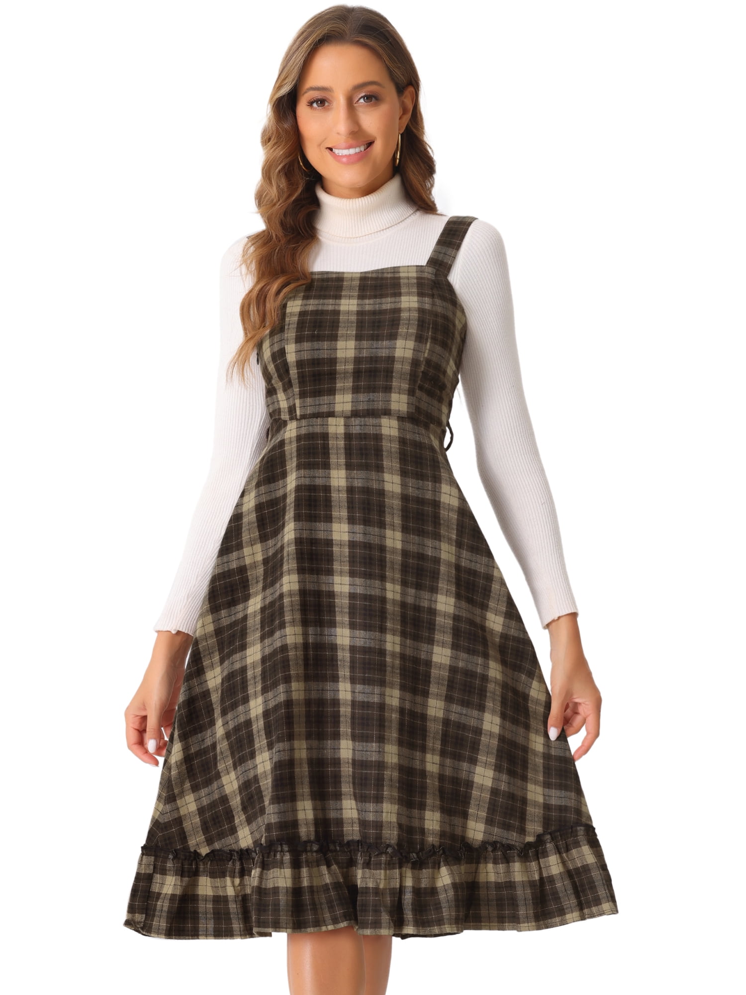 DARING DIVA Women's Ruffled Sleeveless Tie Waist A Line Plaid Dress L Khaki Brown
