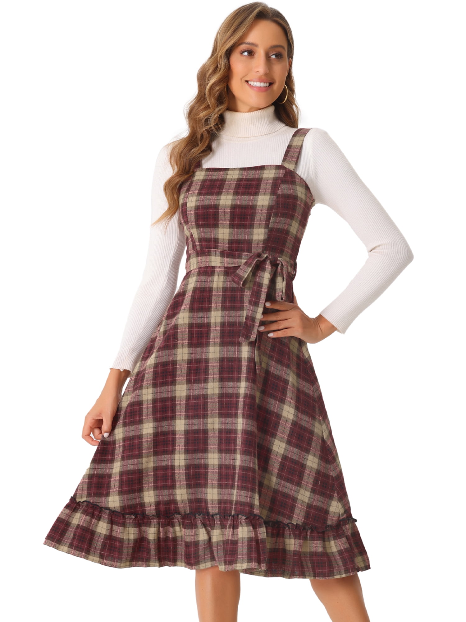 DARING DIVA Women's Ruffled Sleeveless Tie Waist A Line Plaid Dress M Red Black