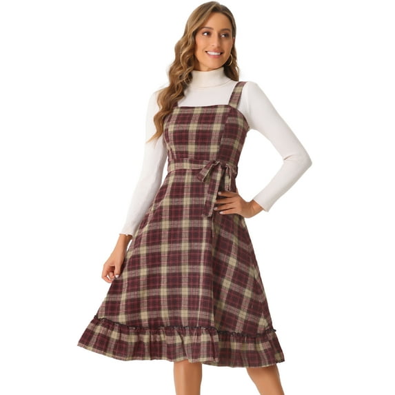 DARING DIVA Women's Ruffled Sleeveless Tie Waist A Line Plaid Dress S Red Black