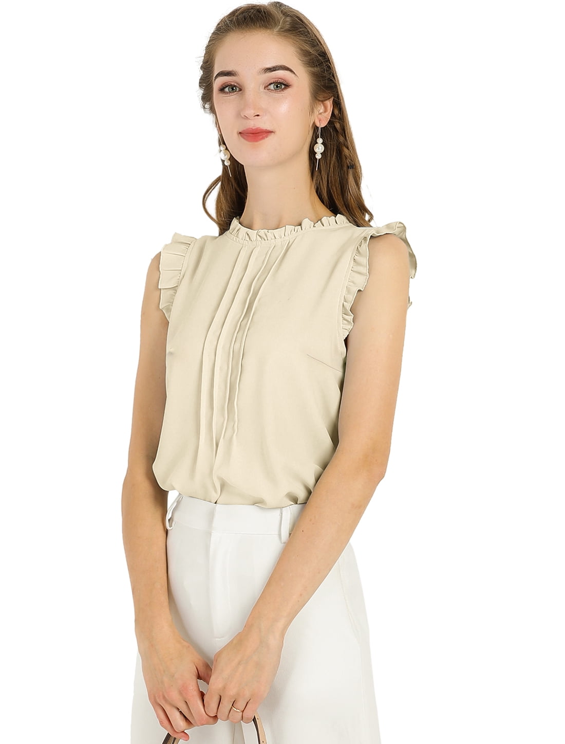 DARING DIVA Women's Ruffled Trim Pleated Plain Blouse Top 2XL Beige