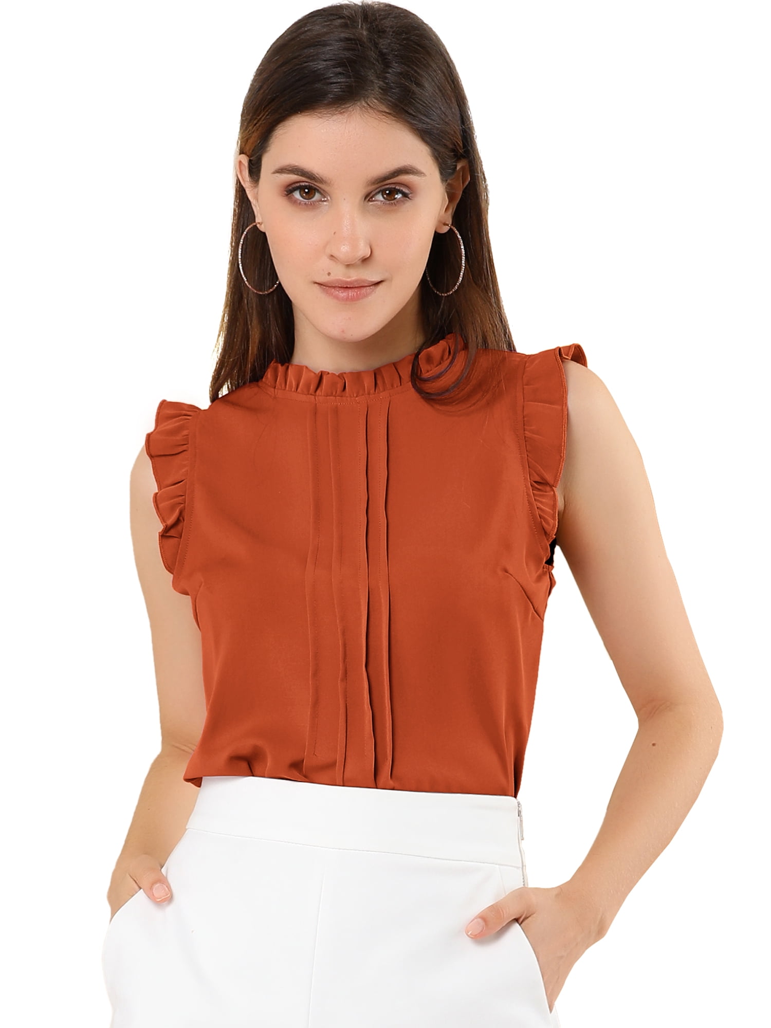 DARING DIVA Women's Ruffled Trim Pleated Plain Blouse Top 2XL Dark Orange