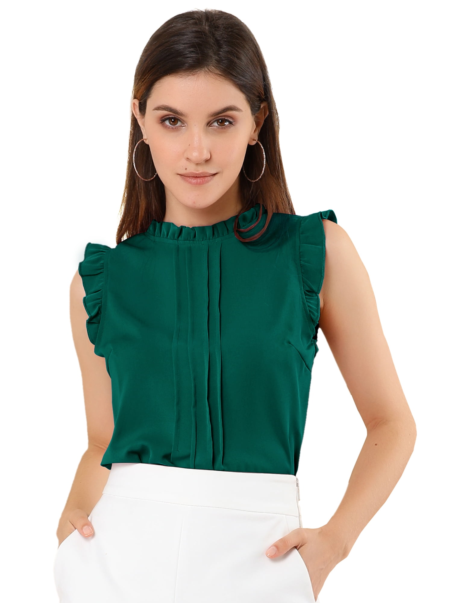 DARING DIVA Women's Ruffled Trim Pleated Plain Blouse Top 3XL Dark Green