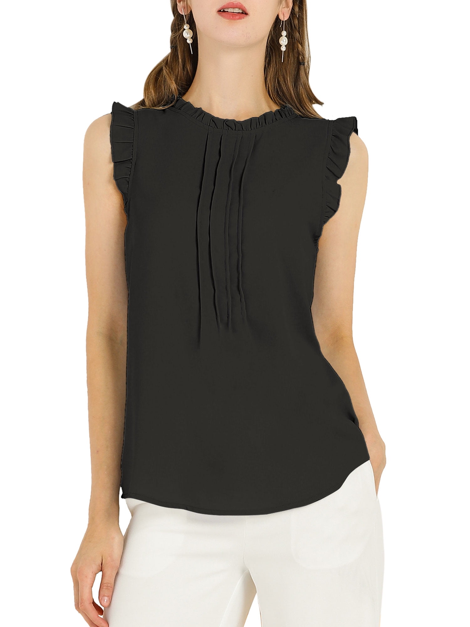 DARING DIVA Women's Ruffled Trim Pleated Plain Blouse Top L Black