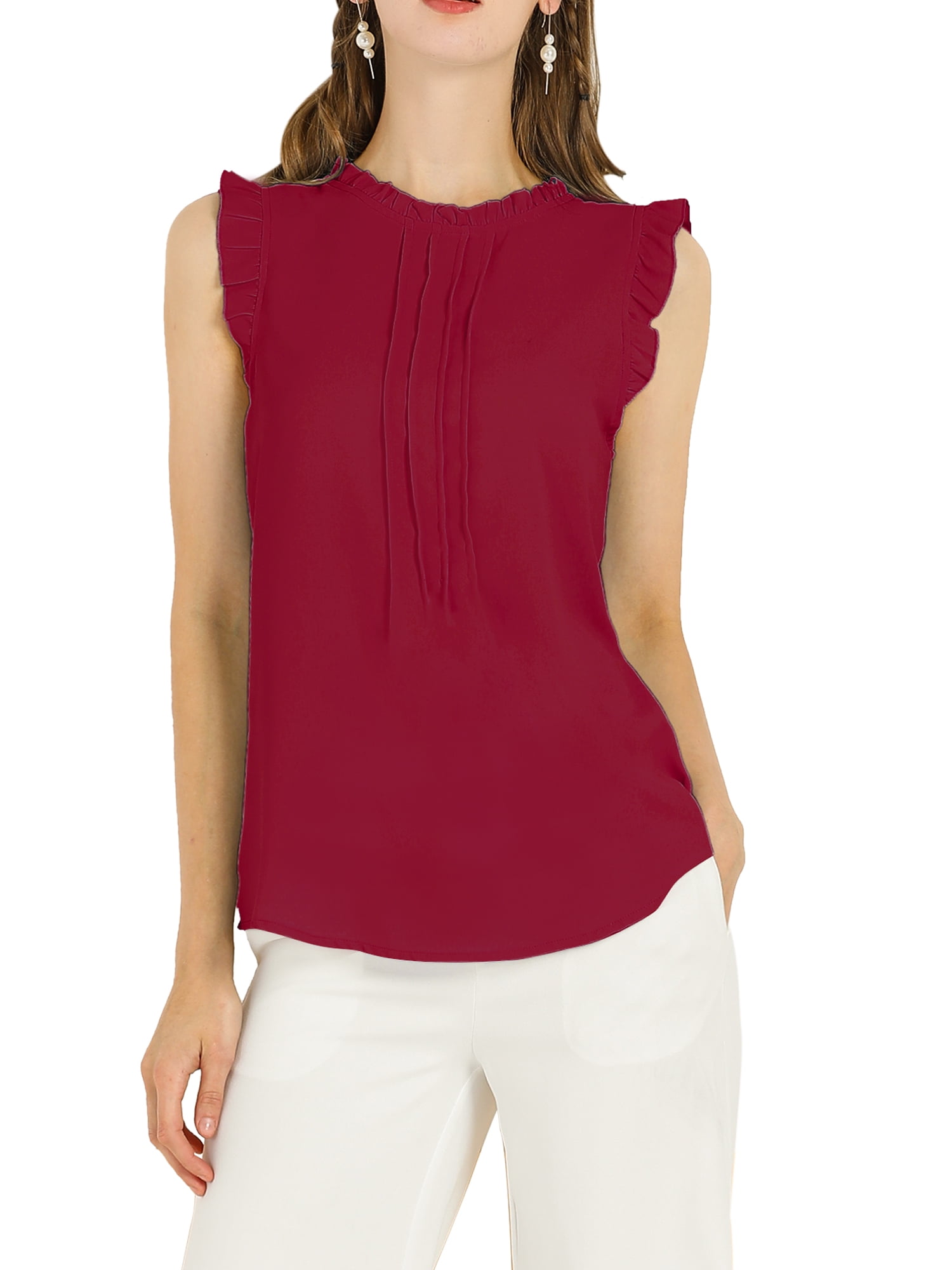 DARING DIVA Women's Ruffled Trim Pleated Plain Blouse Top L Burgundy