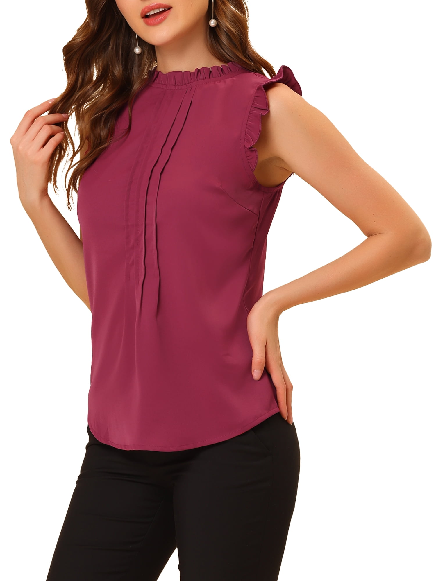 DARING DIVA Women's Ruffled Trim Pleated Plain Blouse Top L Dark Red