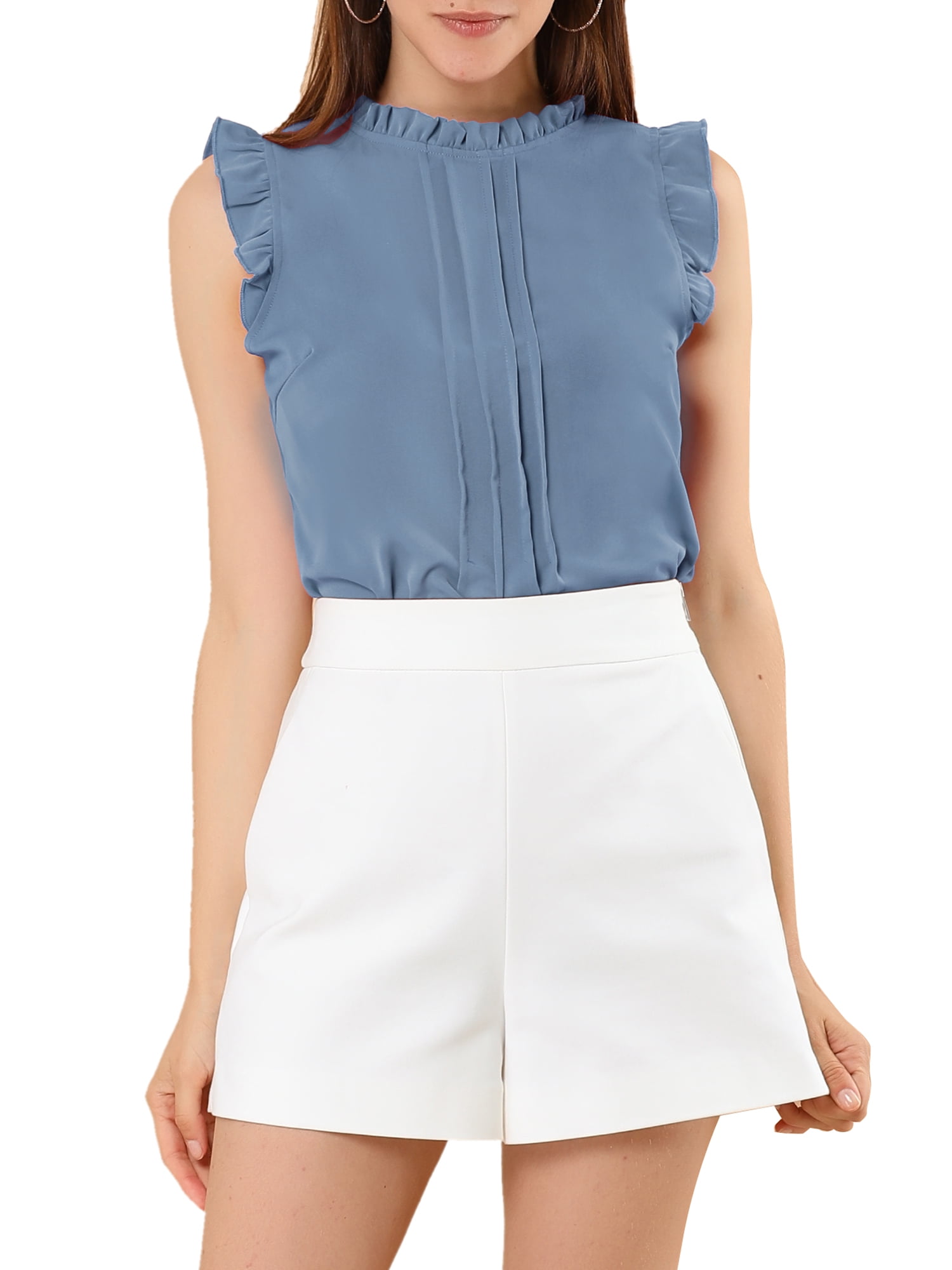 DARING DIVA Women's Ruffled Trim Pleated Plain Blouse Top M Blue Grey