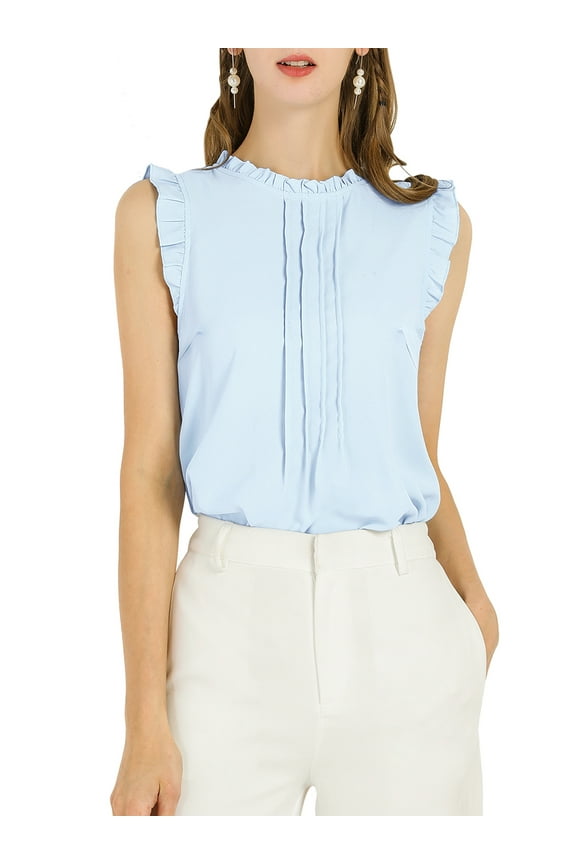 Women's Ruffled Trim Pleated Plain Blouse Top M Blue