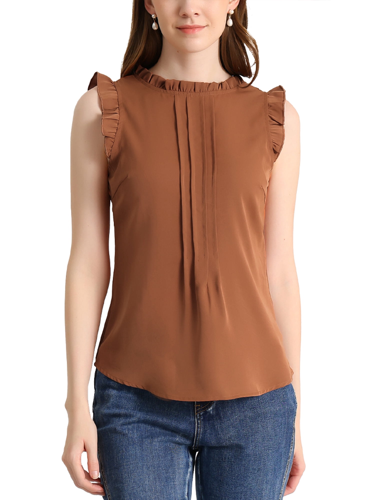 DARING DIVA Women's Ruffled Trim Pleated Plain Blouse Top M Brown