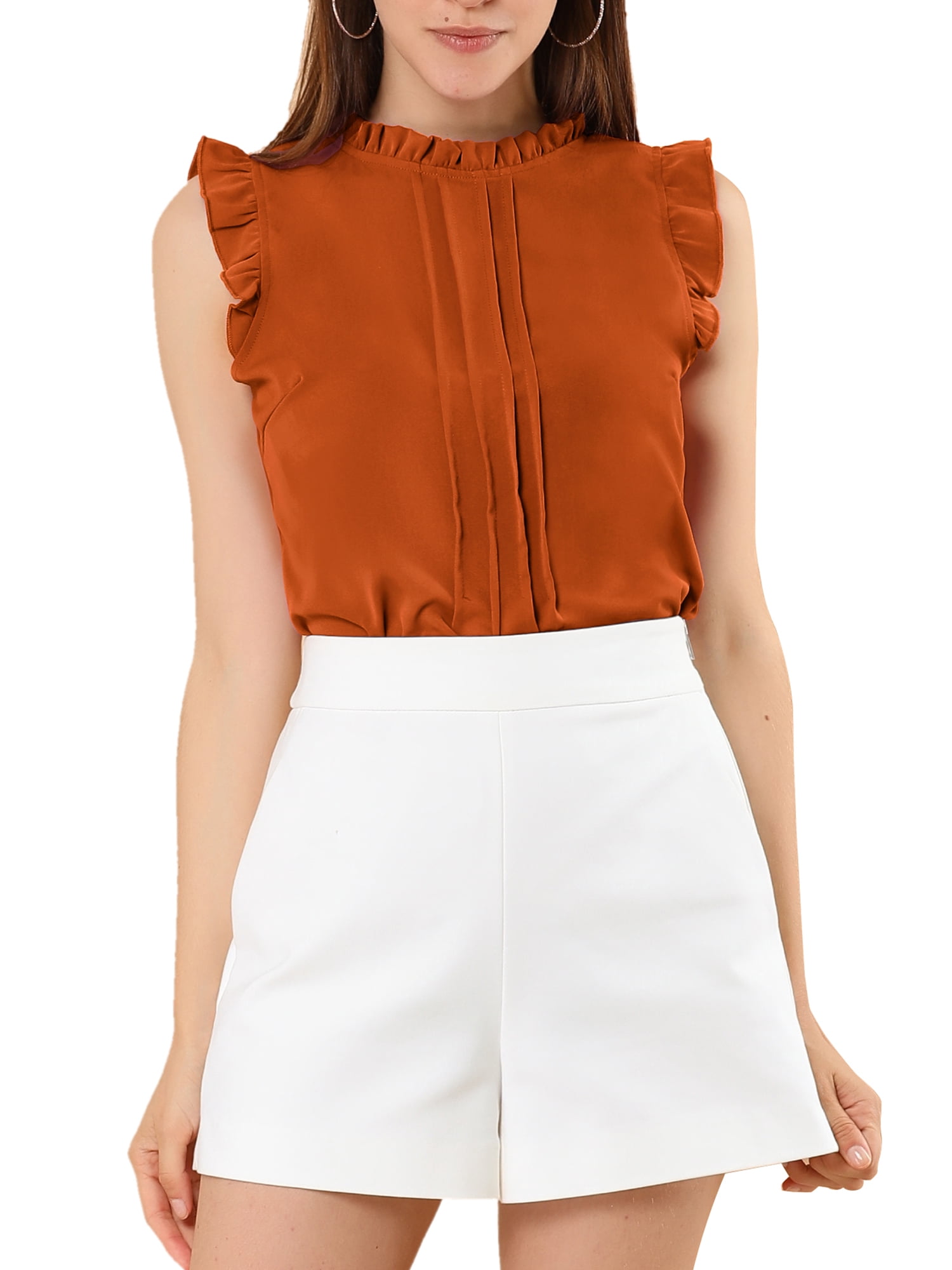 DARING DIVA Women's Ruffled Trim Pleated Plain Blouse Top M Dark Orange