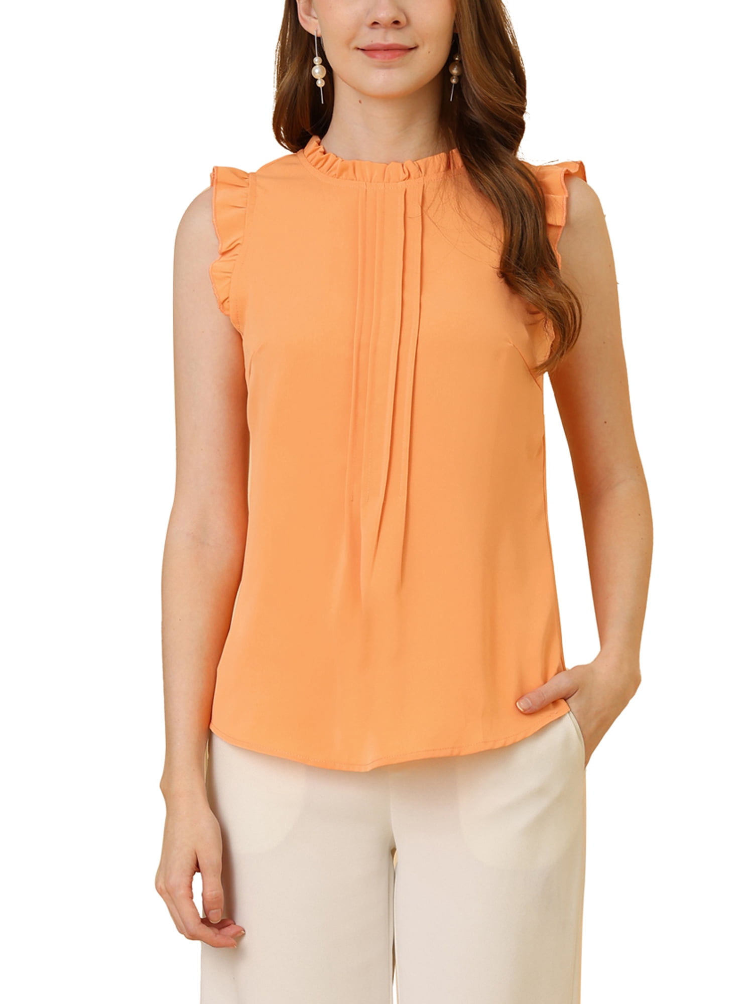 DARING DIVA Women's Ruffled Trim Pleated Plain Blouse Top M Orange