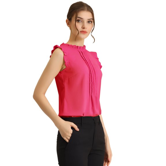 DARING DIVA Women's Ruffled Trim Pleated Plain Blouse Top S Hot Pink