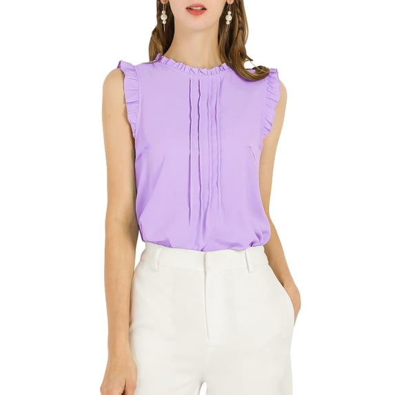 DARING DIVA Women's Ruffled Trim Pleated Plain Blouse Top S Lavender