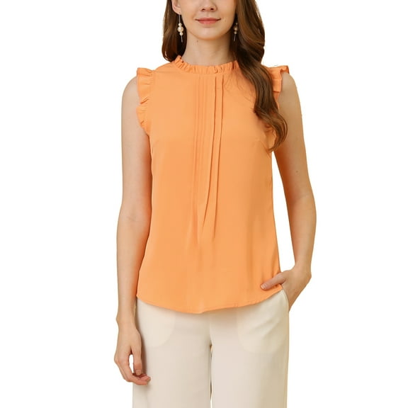 DARING DIVA Women's Ruffled Trim Pleated Plain Blouse Top S Orange