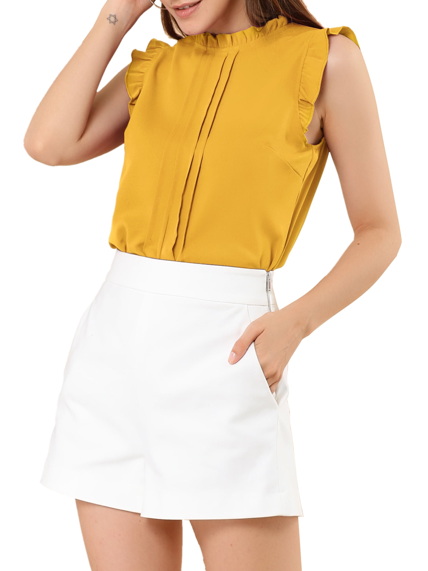 DARING DIVA Women's Ruffled Trim Pleated Plain Blouse Top S Yellow