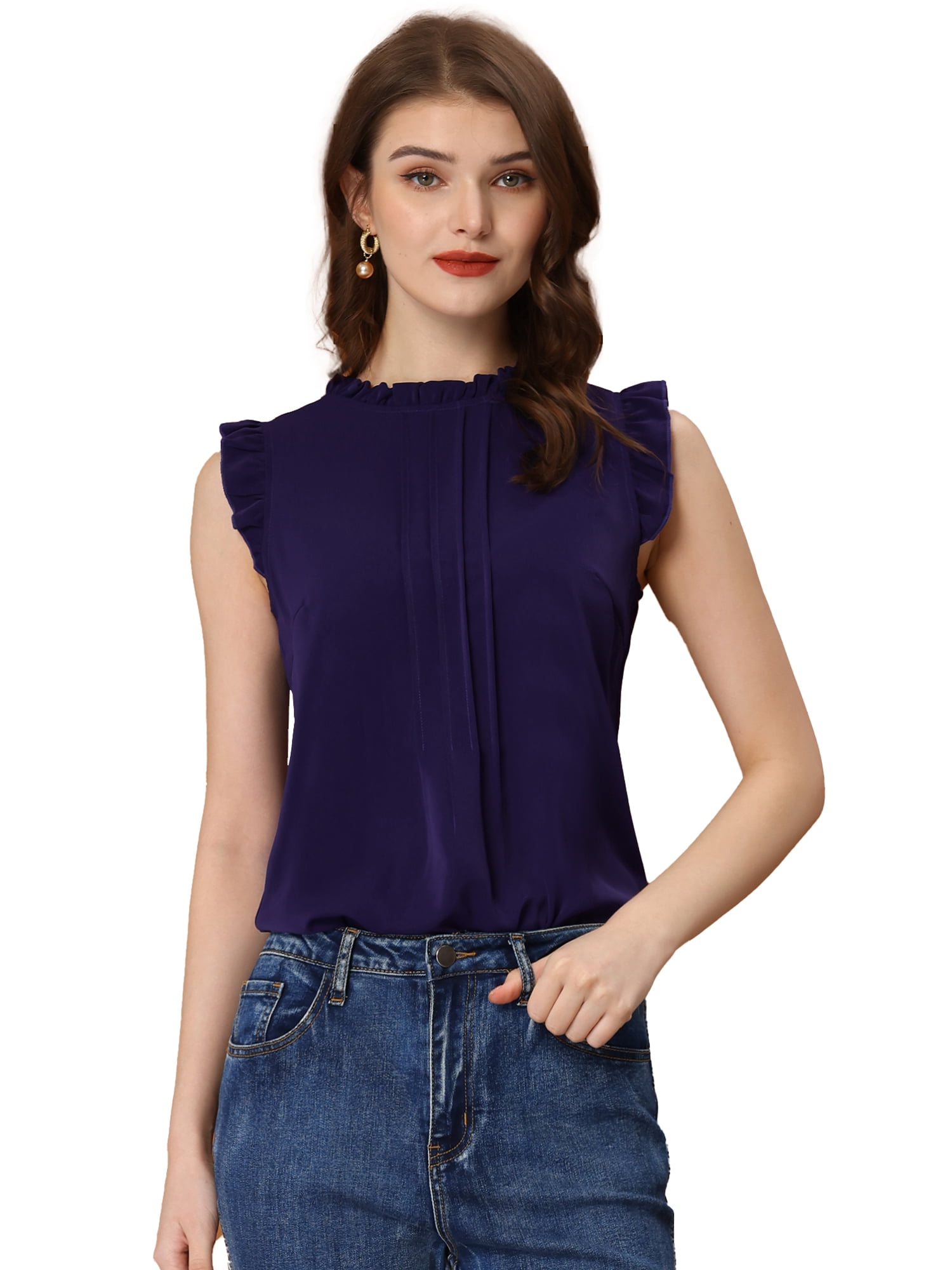 DARING DIVA Women's Ruffled Trim Pleated Plain Blouse Top XL Dark Blue
