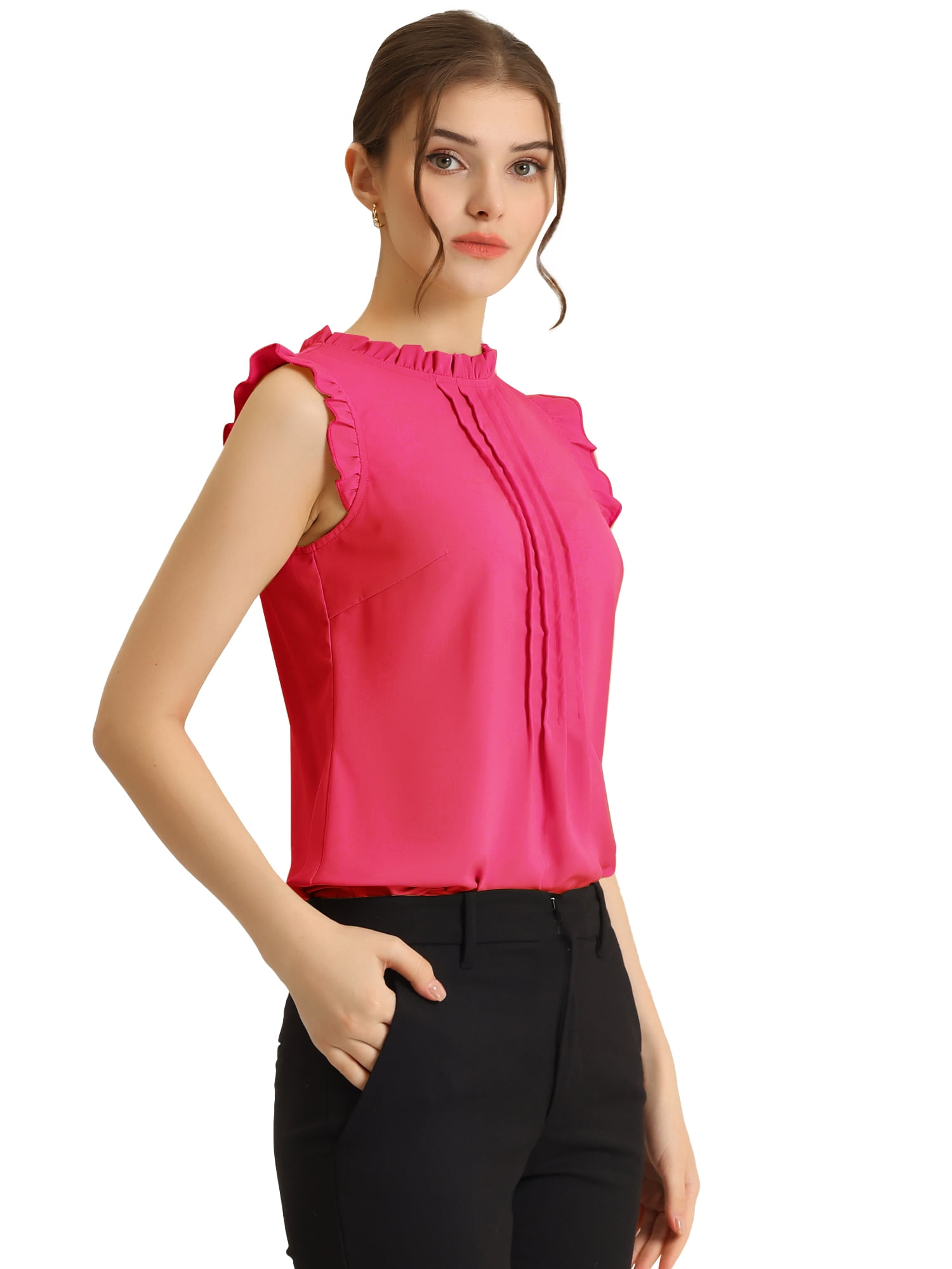 DARING DIVA Women's Ruffled Trim Pleated Plain Blouse Top XL Hot Pink