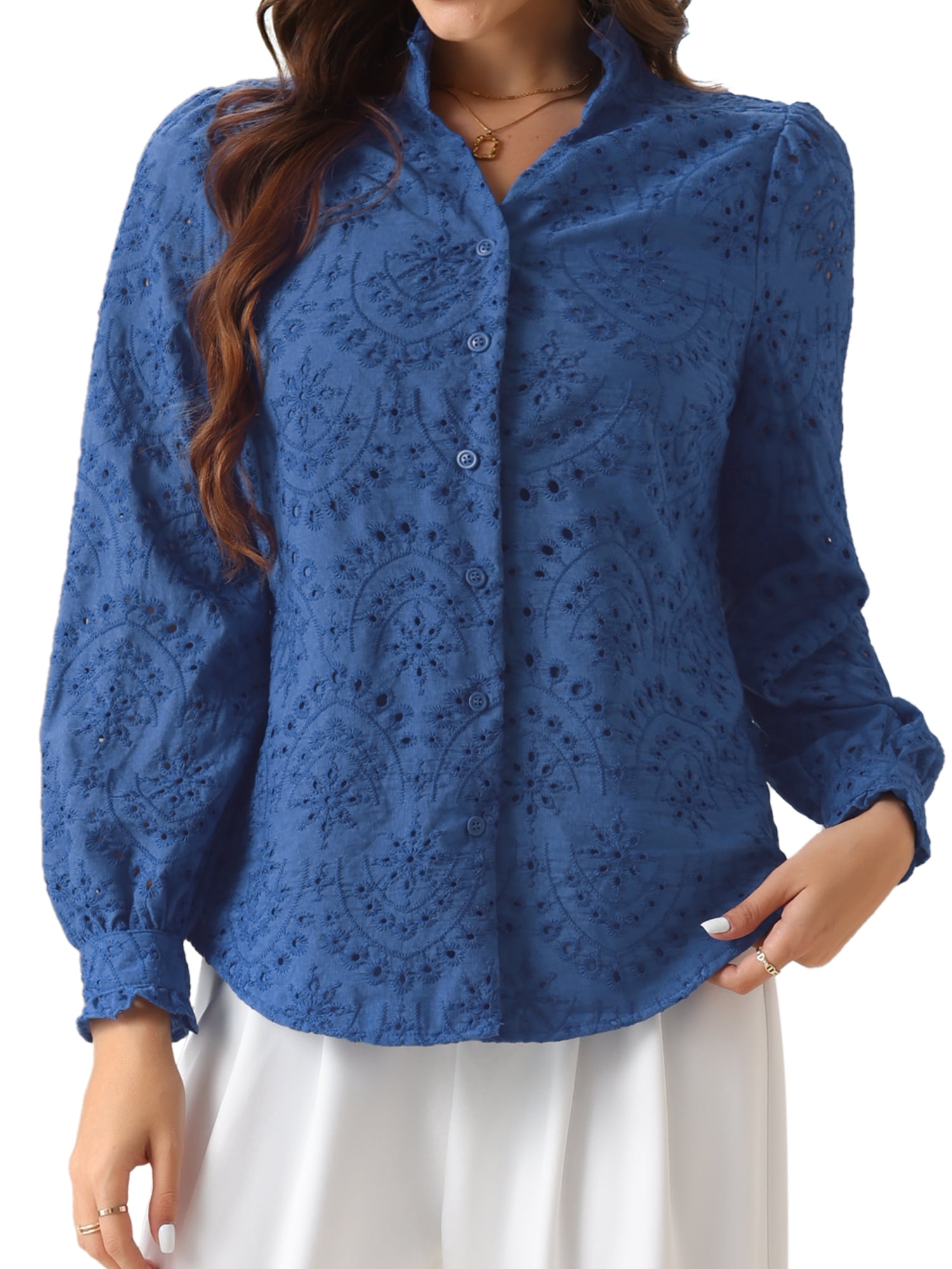 DARING DIVA Women's Ruffled V Neck Casual Work Swiss Shirts M Royal Blue