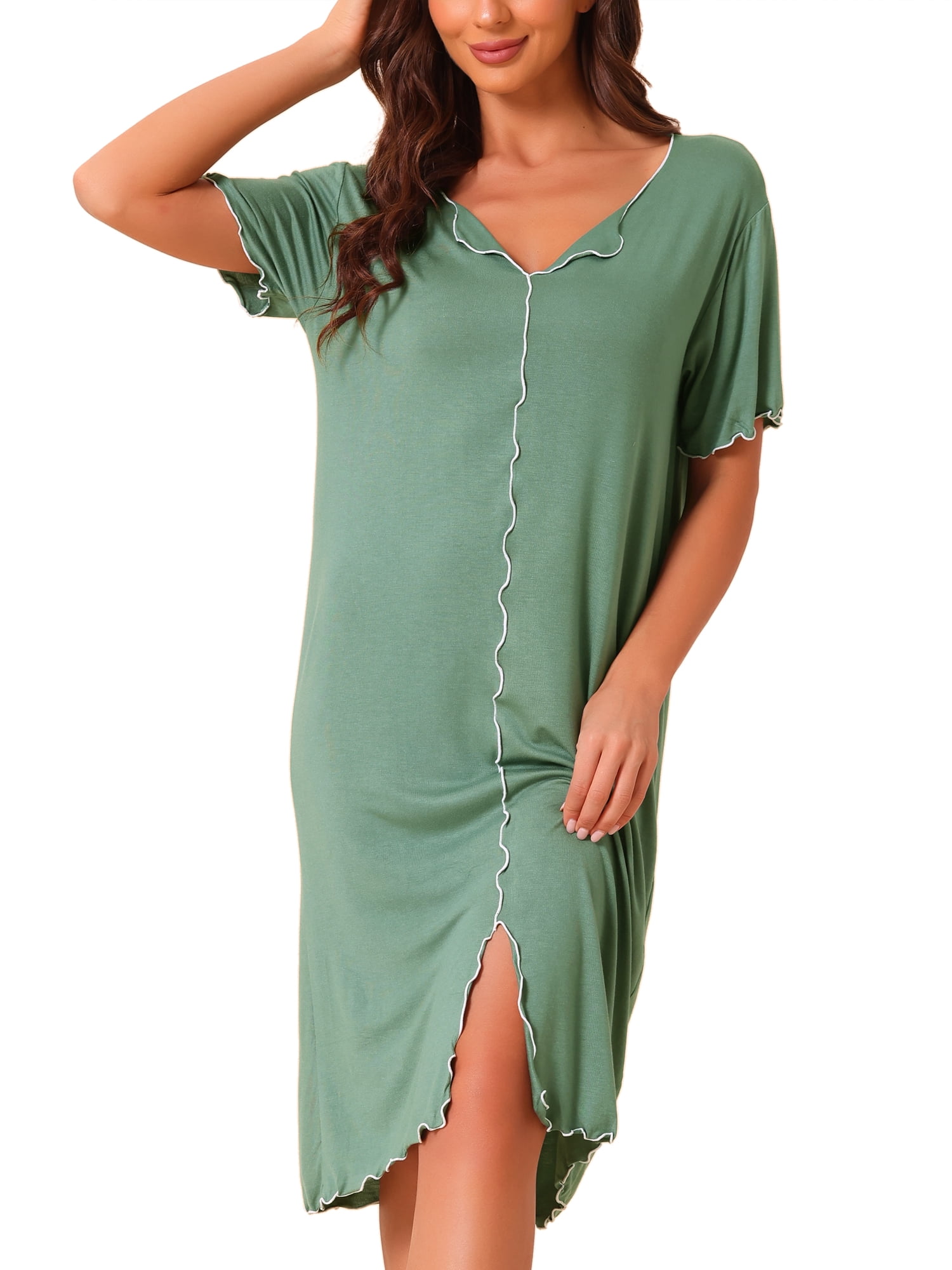 DARING DIVA Women's Ruffled V Neck Short Sleeve Sleepshirt Pajama Nightgown S Light Green
