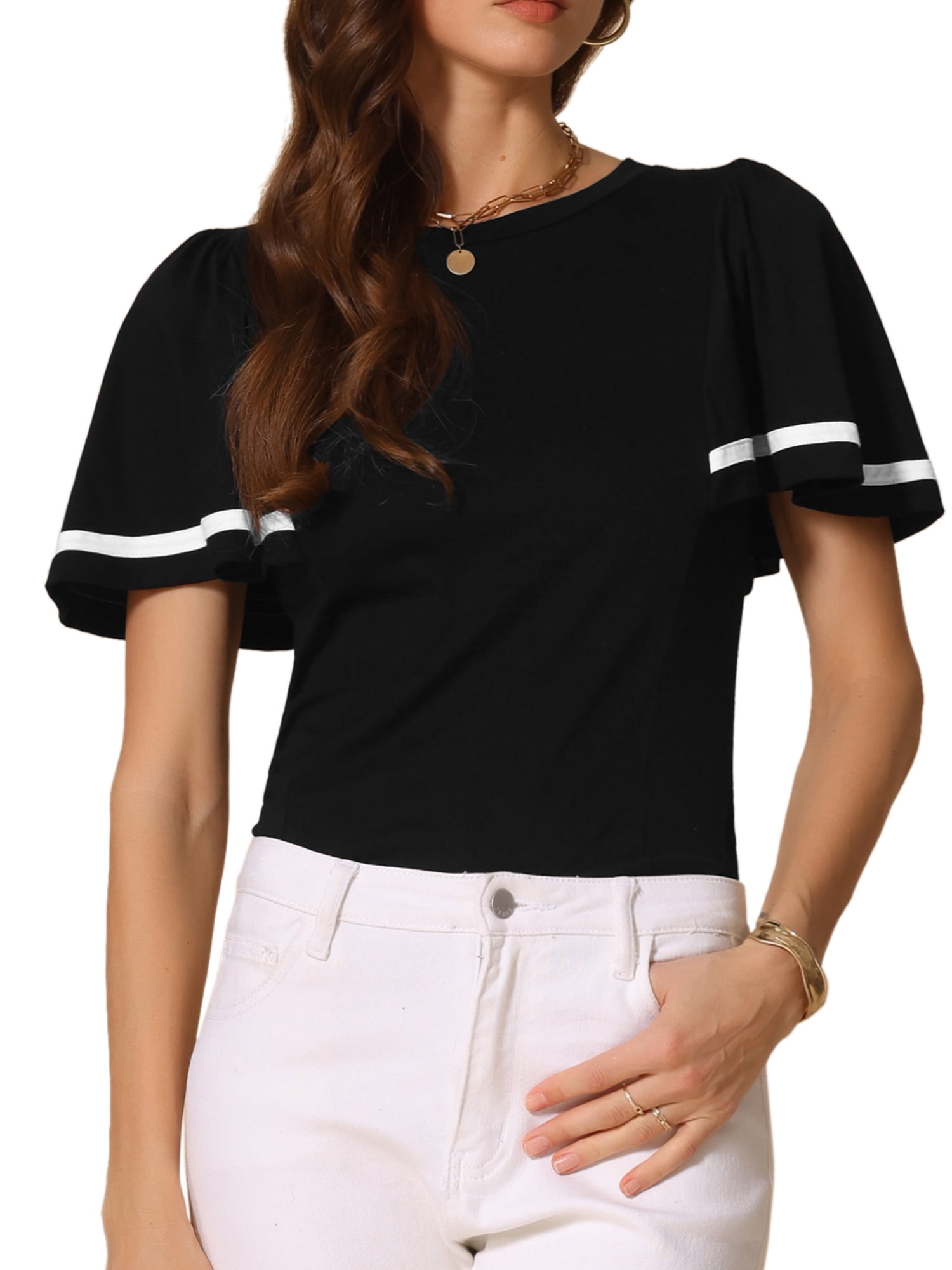 DARING DIVA Women's Ruffles Short Sleeve Round Neck Casual Blouse L Black