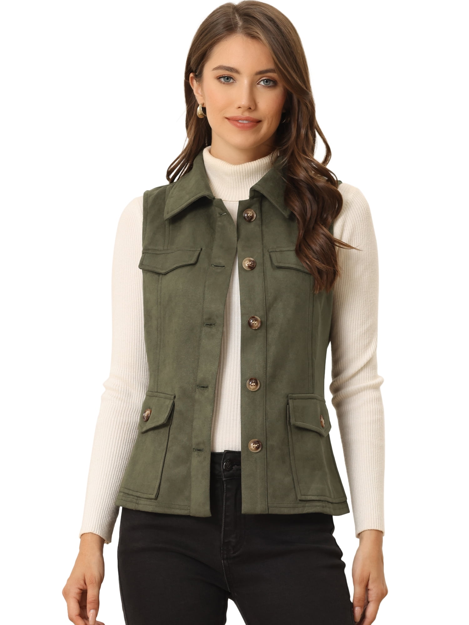 DARING DIVA Women's Rustic Button Up Utility Anorak Cargo Vest L Army Green