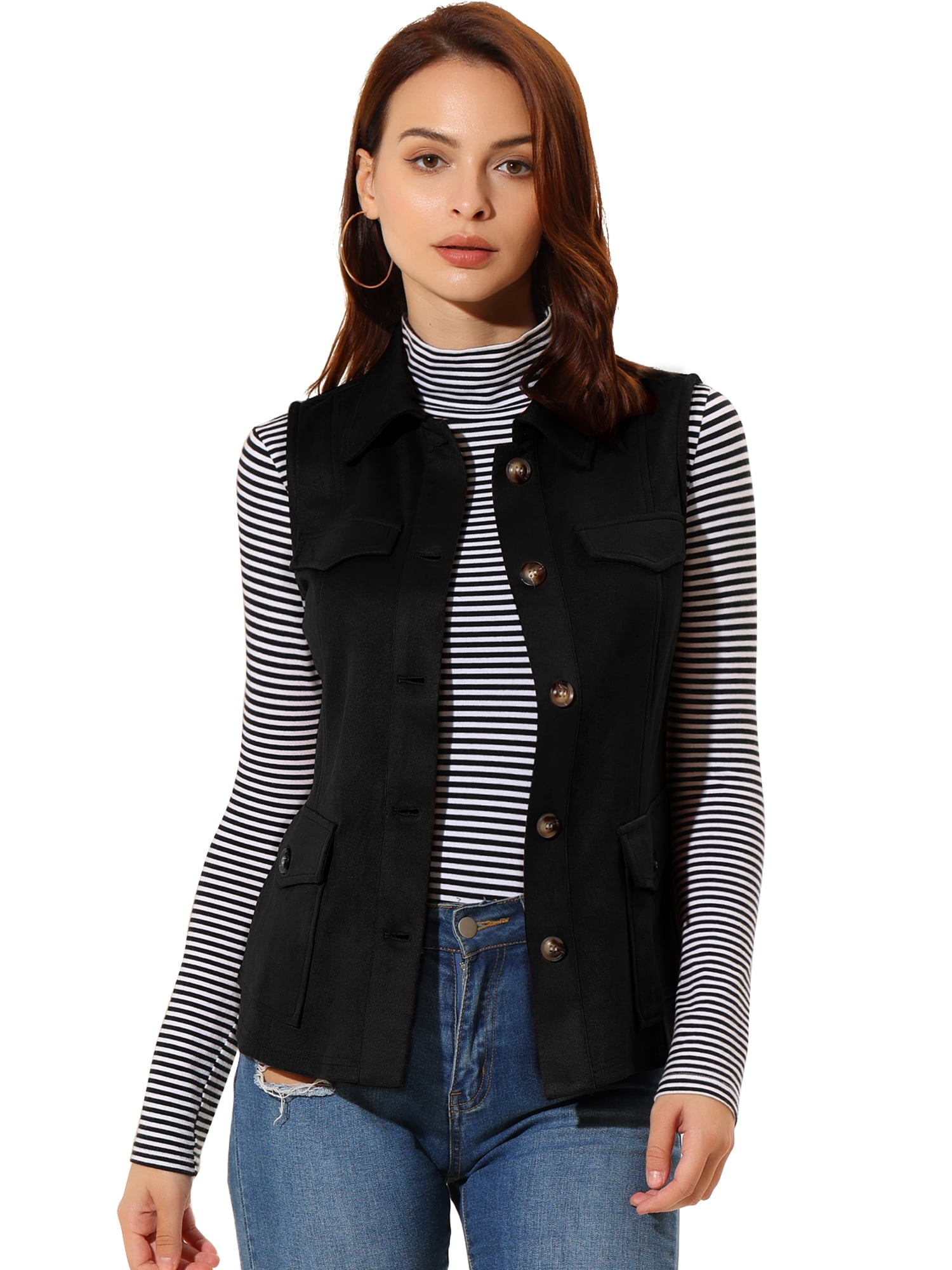 DARING DIVA Women's Rustic Button Up Utility Anorak Cargo Vest L Black