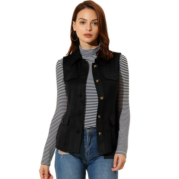 DARING DIVA Women's Rustic Button Up Utility Anorak Cargo Vest L Black