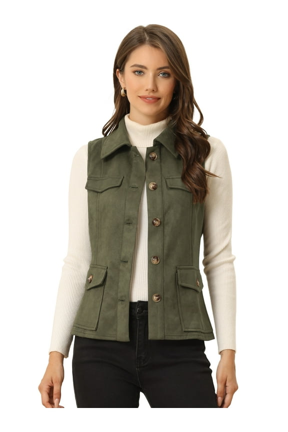 Women's Rustic Button Up Utility Anorak Cargo Vest M Army Green