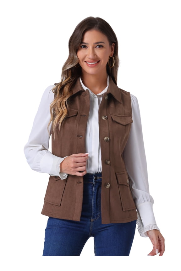 Women's Rustic Button Up Utility Anorak Cargo Vest M Coffee