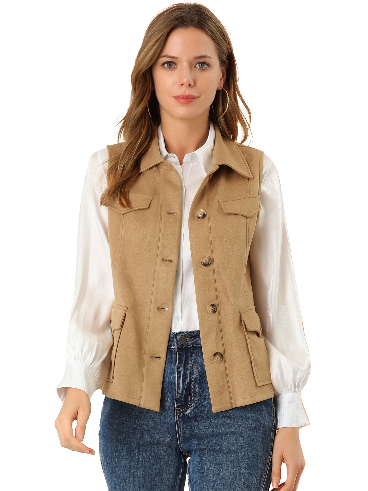 DARING DIVA Women's Rustic Button Up Utility Anorak Cargo Vest M Khaki