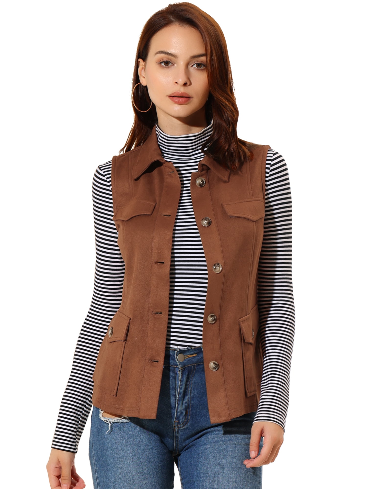 DARING DIVA Women's Rustic Button Up Utility Anorak Cargo Vest S Brown