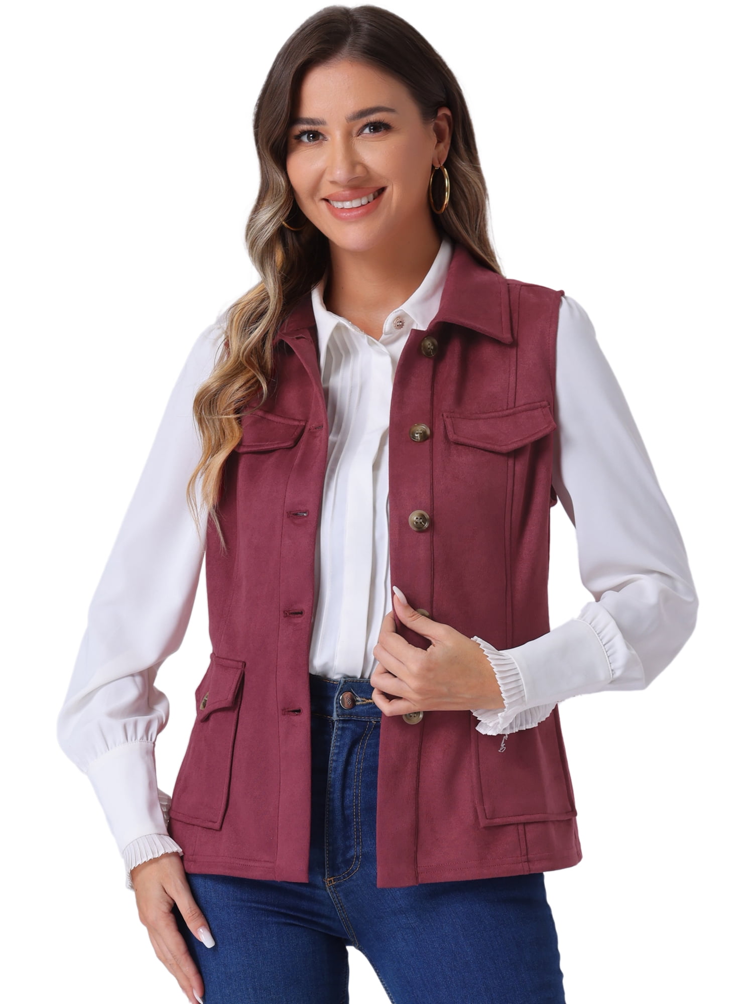 DARING DIVA Women's Rustic Button Up Utility Anorak Cargo Vest S Burgundy