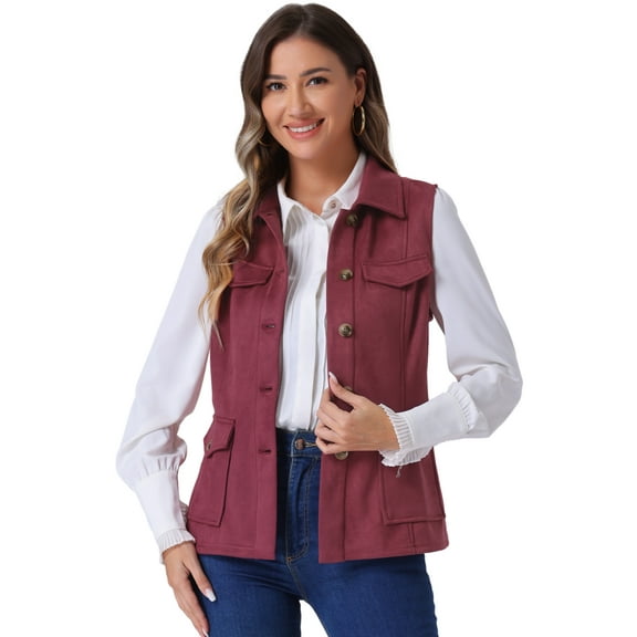 DARING DIVA Women's Rustic Button Up Utility Anorak Cargo Vest S Burgundy