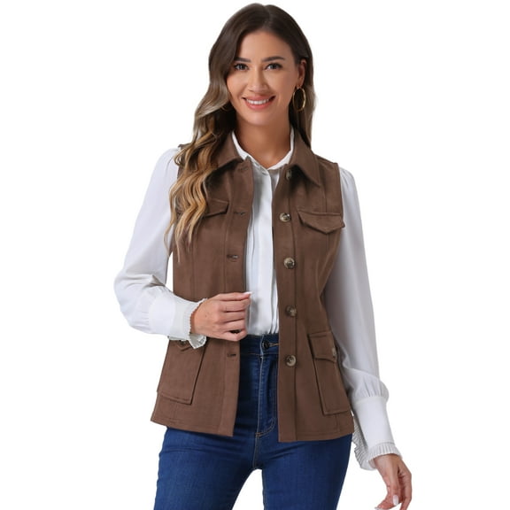 DARING DIVA Women's Rustic Button Up Utility Anorak Cargo Vest S Coffee