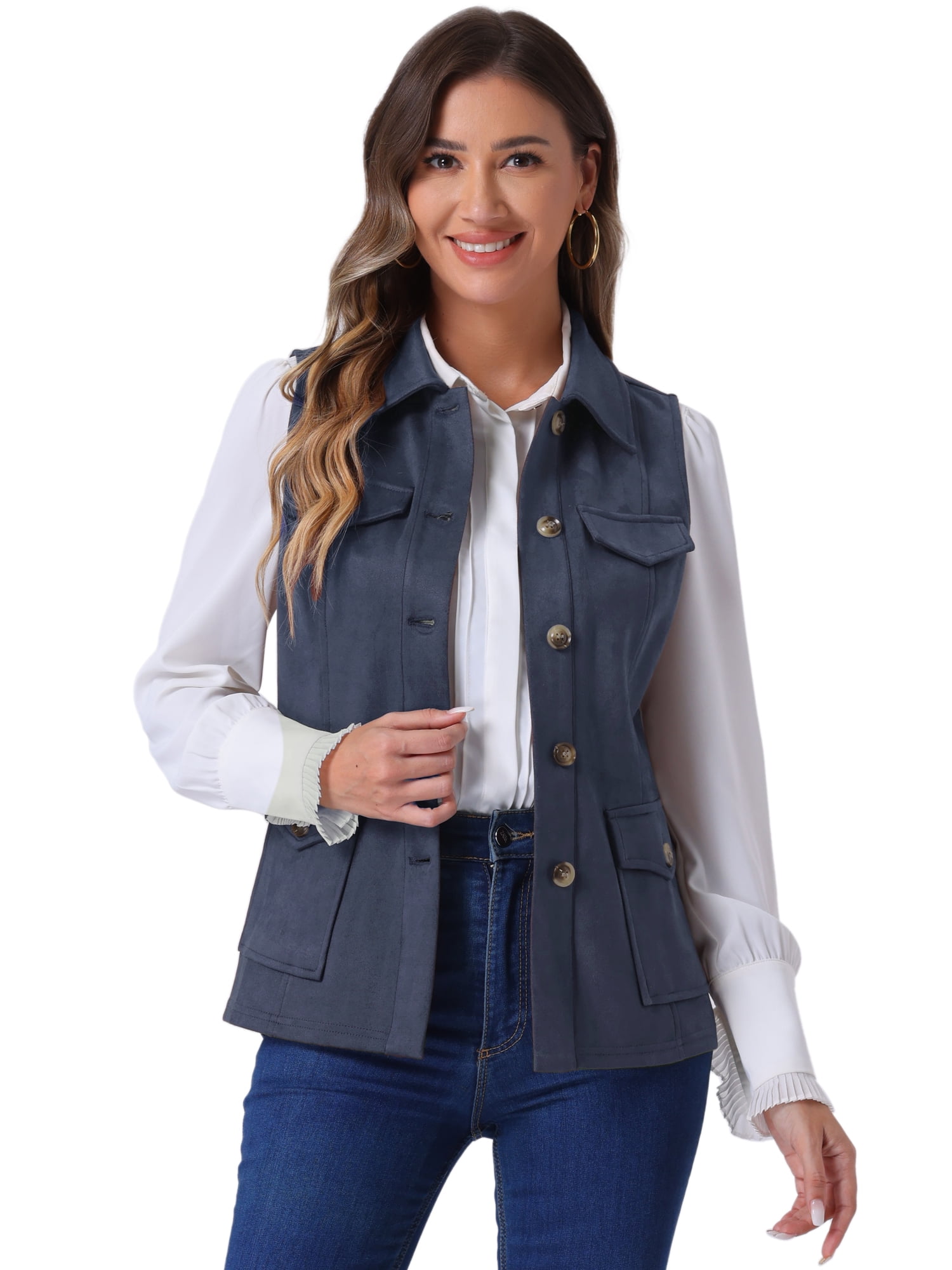 DARING DIVA Women's Rustic Button Up Utility Anorak Cargo Vest S Dark Blue