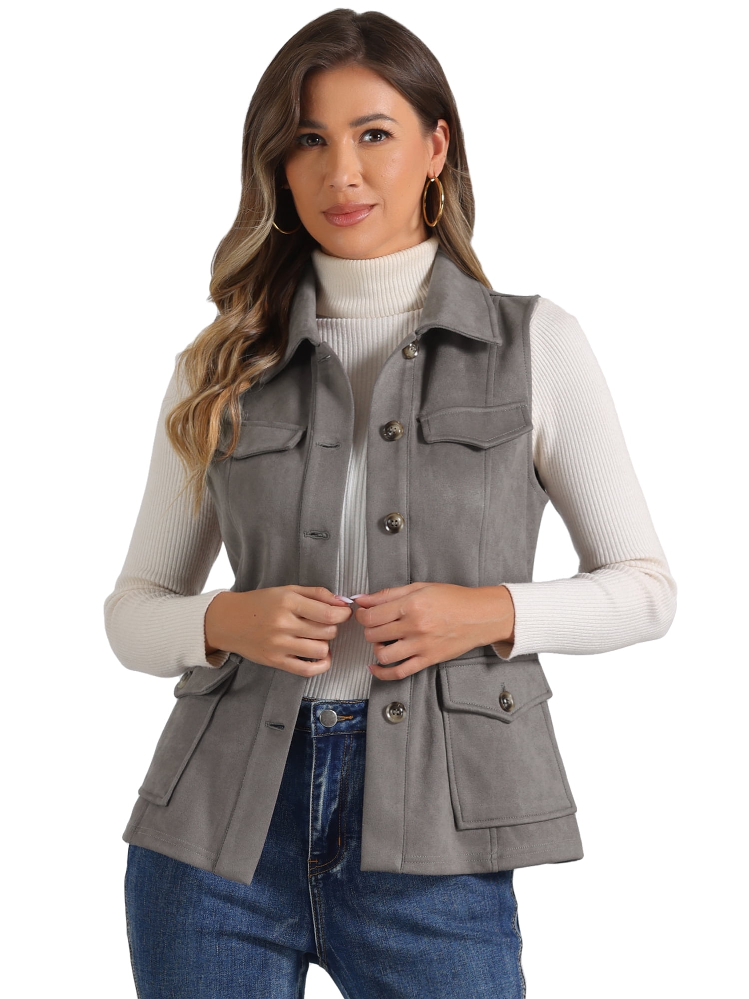 DARING DIVA Women's Rustic Button Up Utility Anorak Cargo Vest S Dark Grey