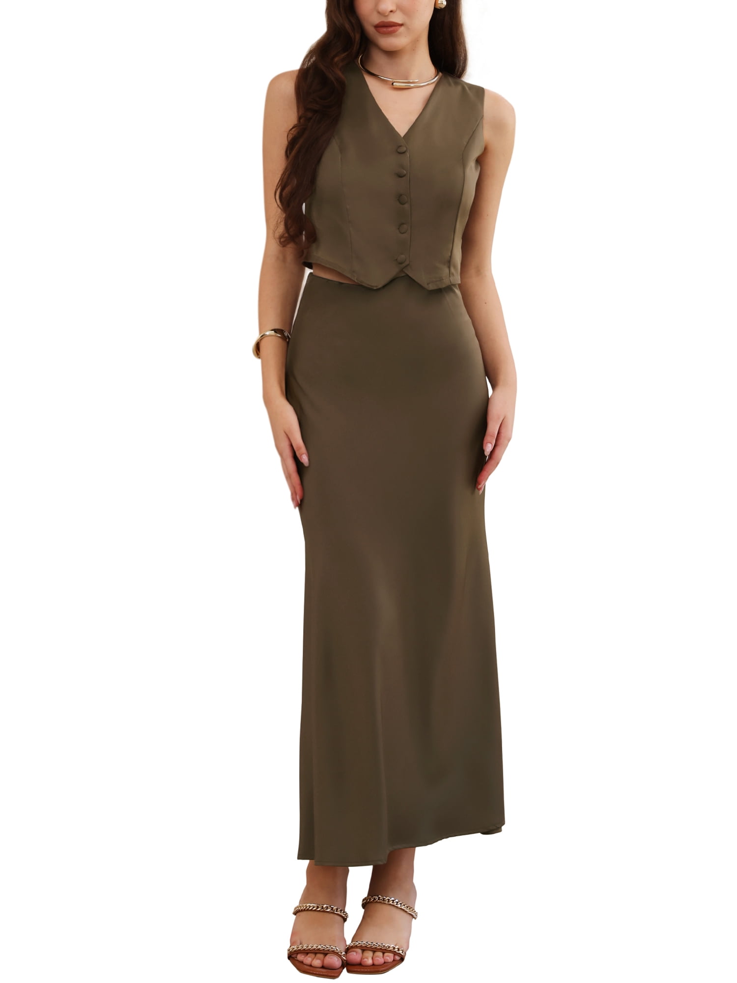 DARING DIVA Women's Satin 2 Piece Maxi Skirt Set Button V Neck Vest Tops Long L Brown