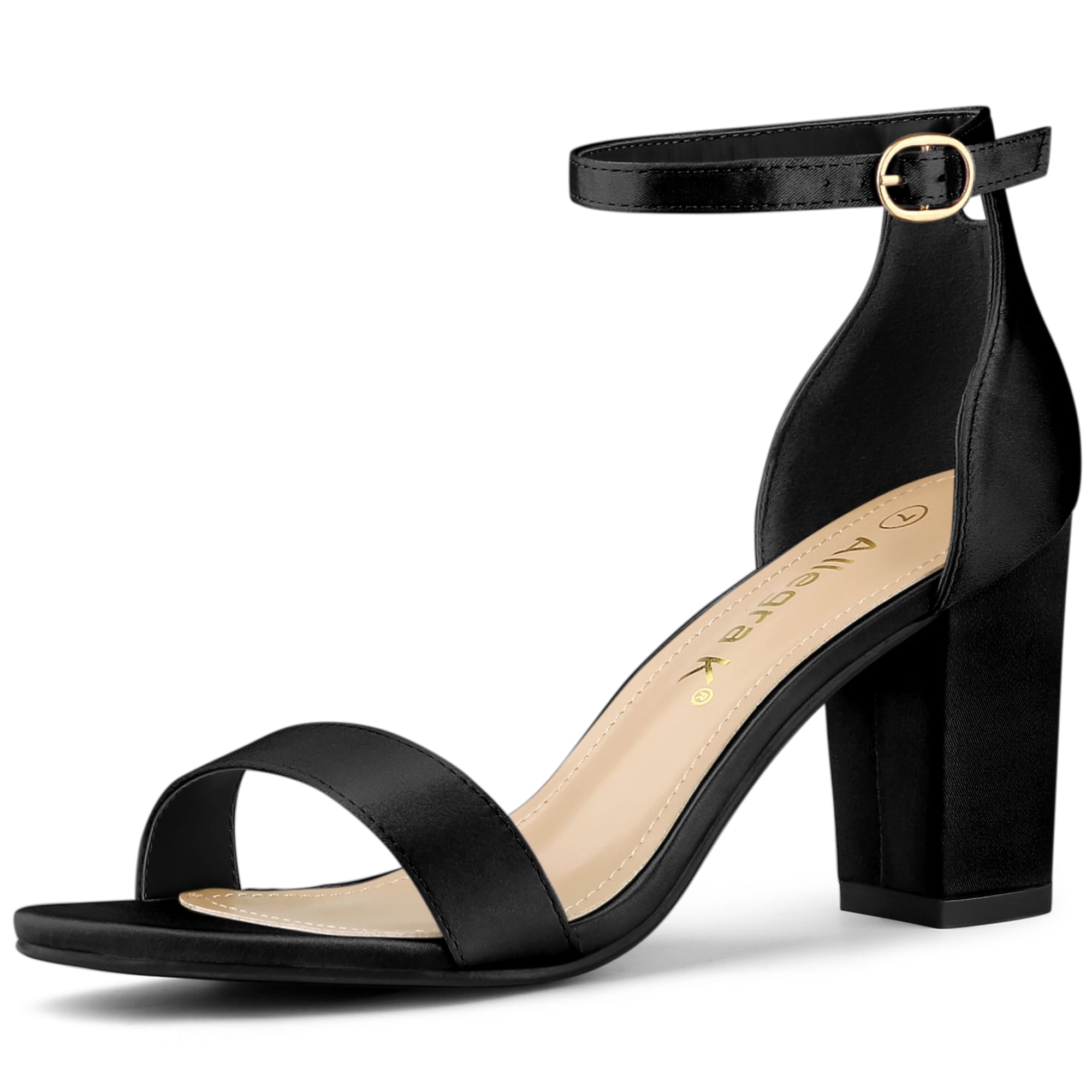DARING DIVA Women's Satin Ankle Strap Chunky Heels Black 7