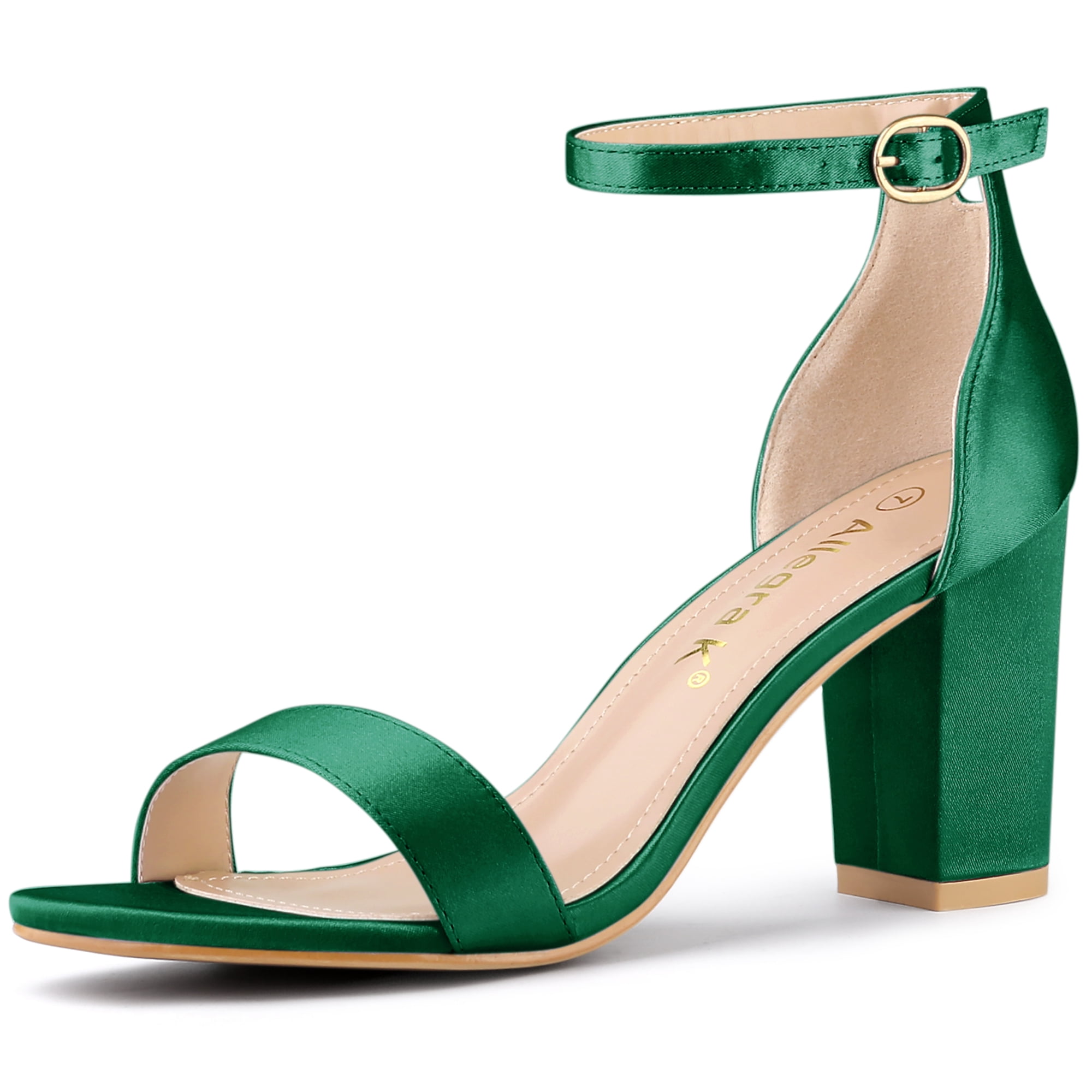 DARING DIVA Women's Satin Ankle Strap Chunky Heels Dark Green US 6.5