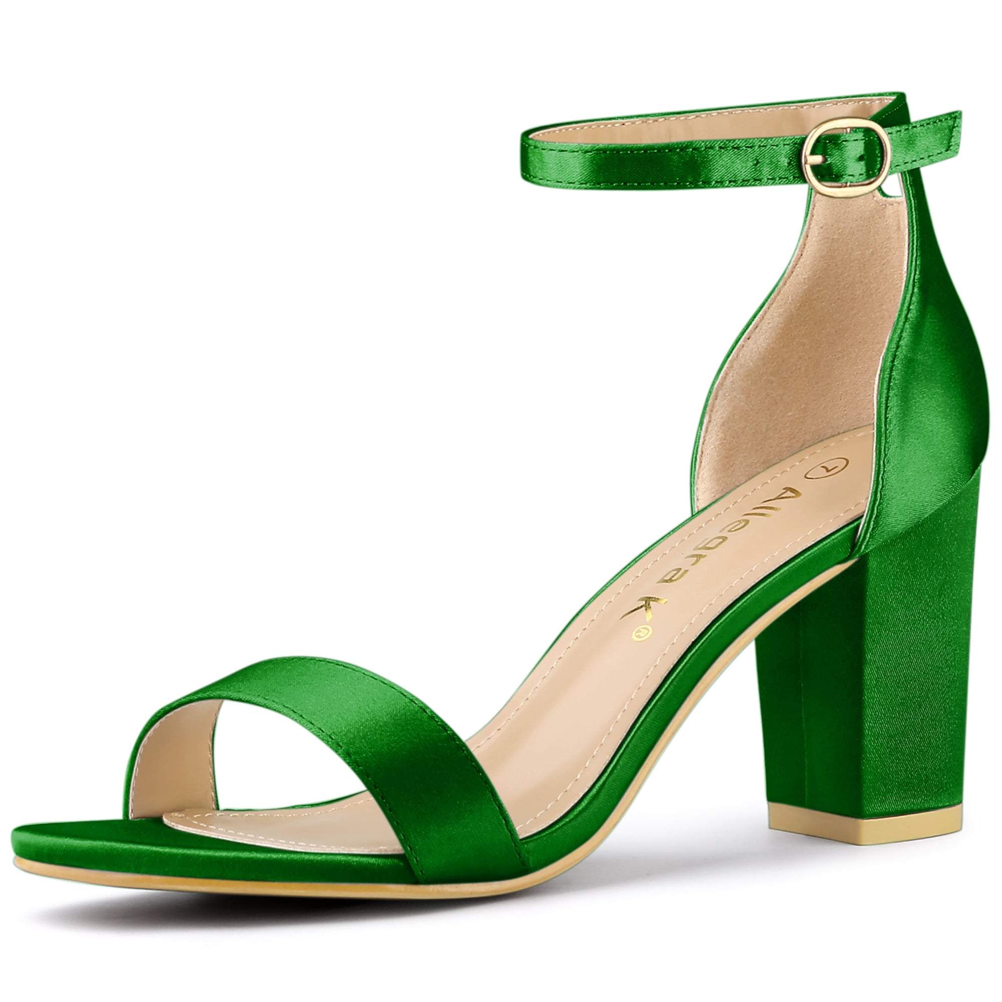 DARING DIVA Women's Satin Ankle Strap Chunky Heels Green 9