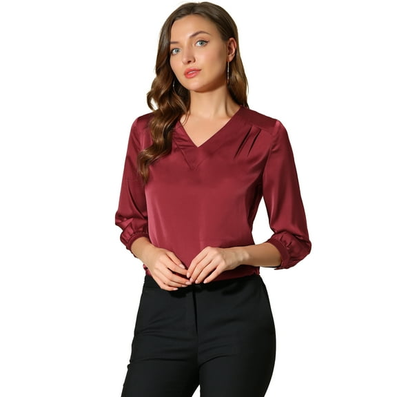 DARING DIVA Women's Satin Blouse Long Sleeve V Neck Top Shirts L Burgundy