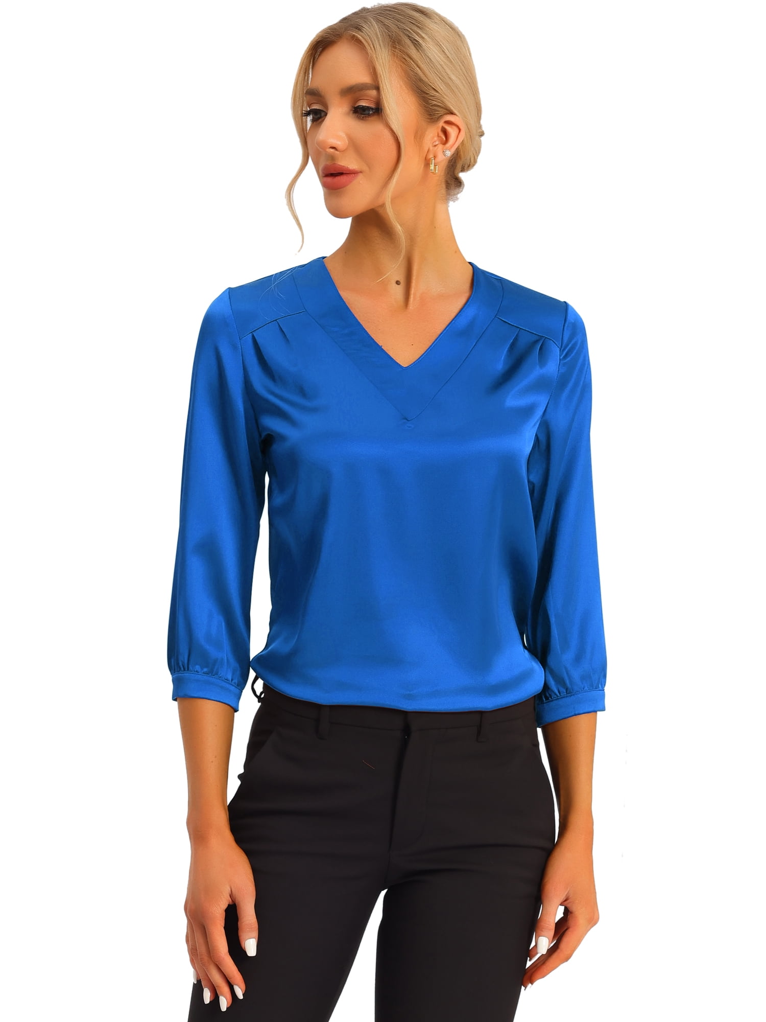 DARING DIVA Women's Satin Blouse Long Sleeve V Neck Top Shirts L Royal Blue