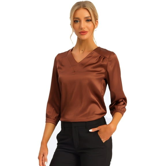 DARING DIVA Women's Satin Blouse Long Sleeve V Neck Top Shirts XL Brown