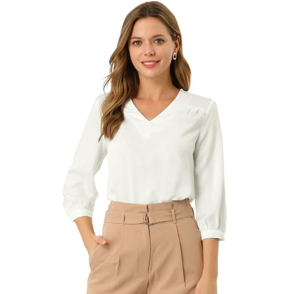 DARING DIVA Women's Satin Blouse Long Sleeve V Neck Top Shirts XL White