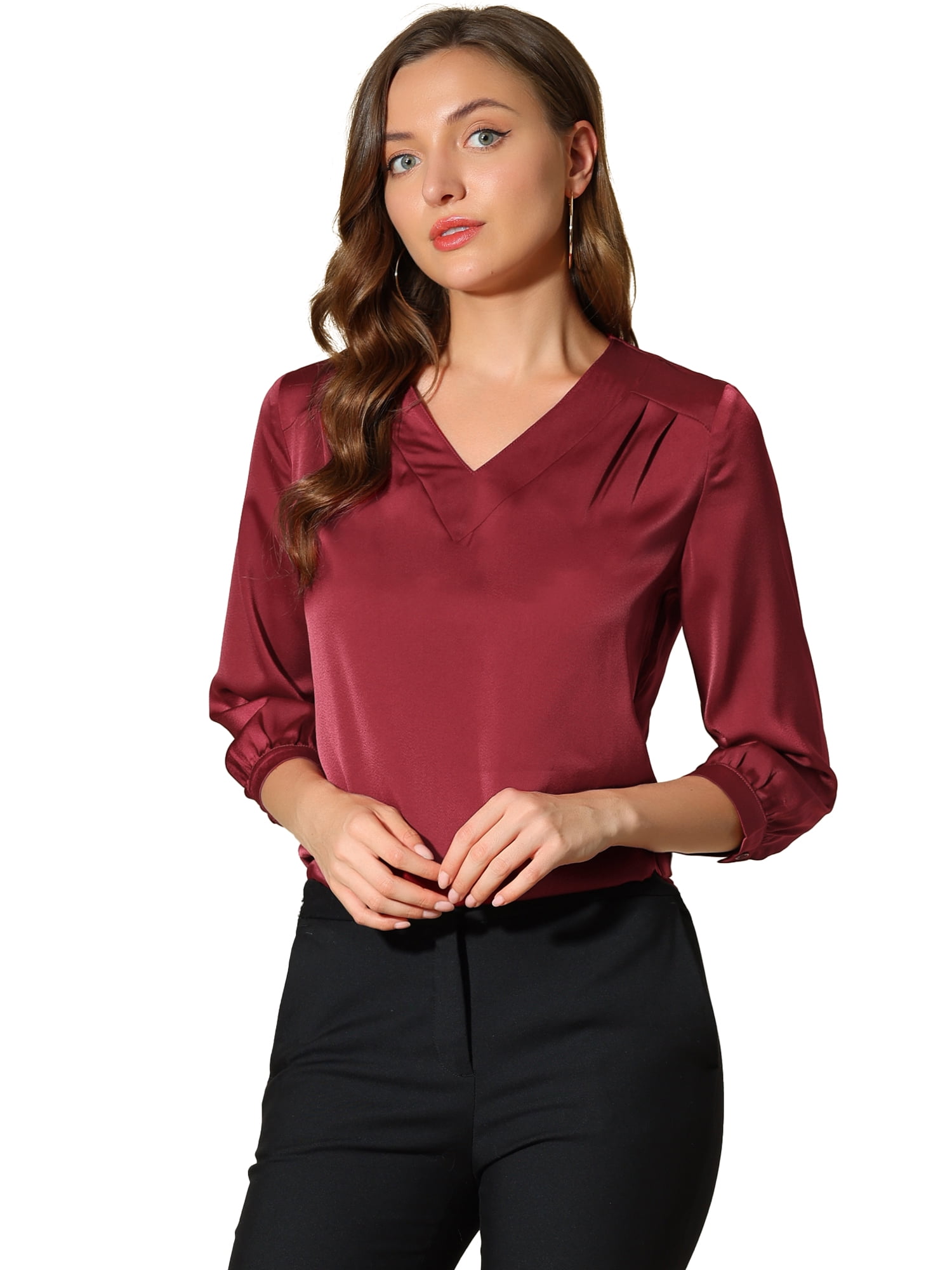 DARING DIVA Women's Satin Blouse Long Sleeve V Neck Top Shirts XS Burgundy