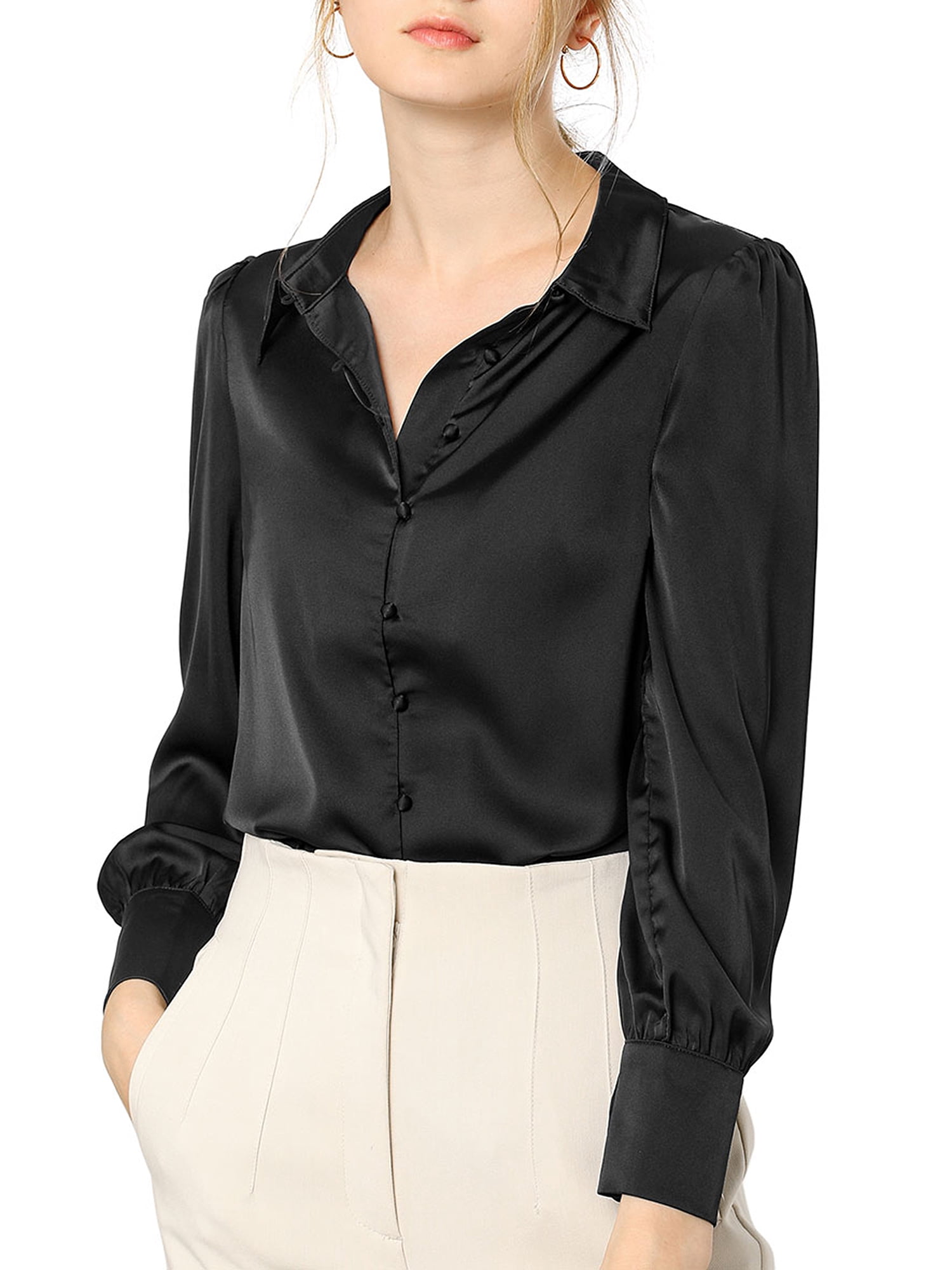 DARING DIVA Women's Satin Blouse Puff Long Sleeve Collared Button Down Shirt M Black
