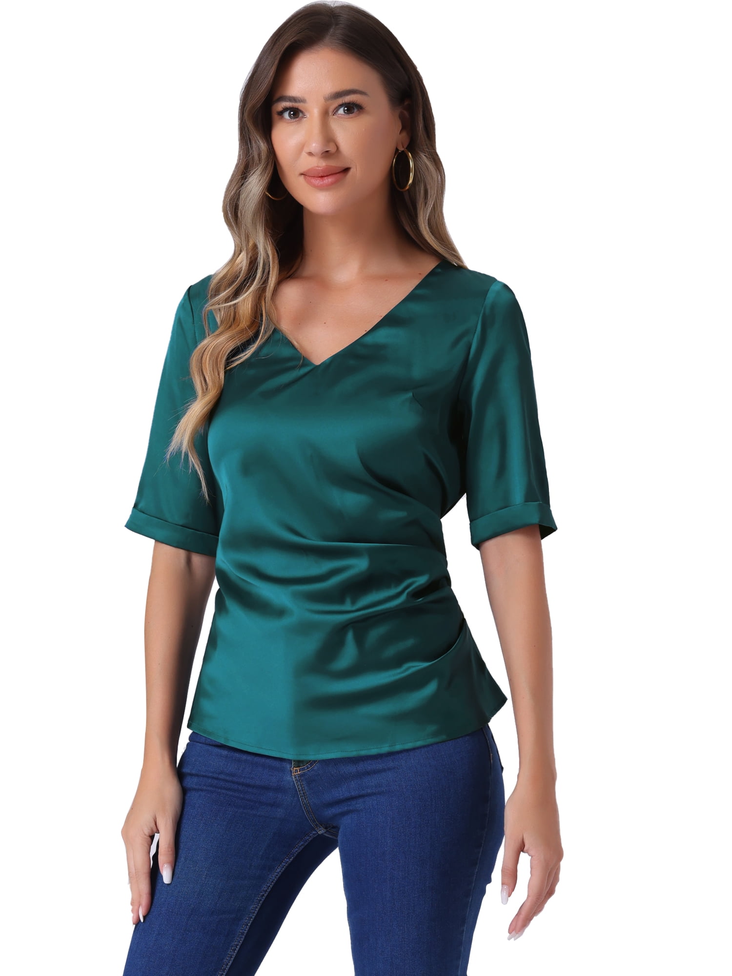 DARING DIVA Women's Satin Blouse Ruched Tie Back Office Tops L Blue Green