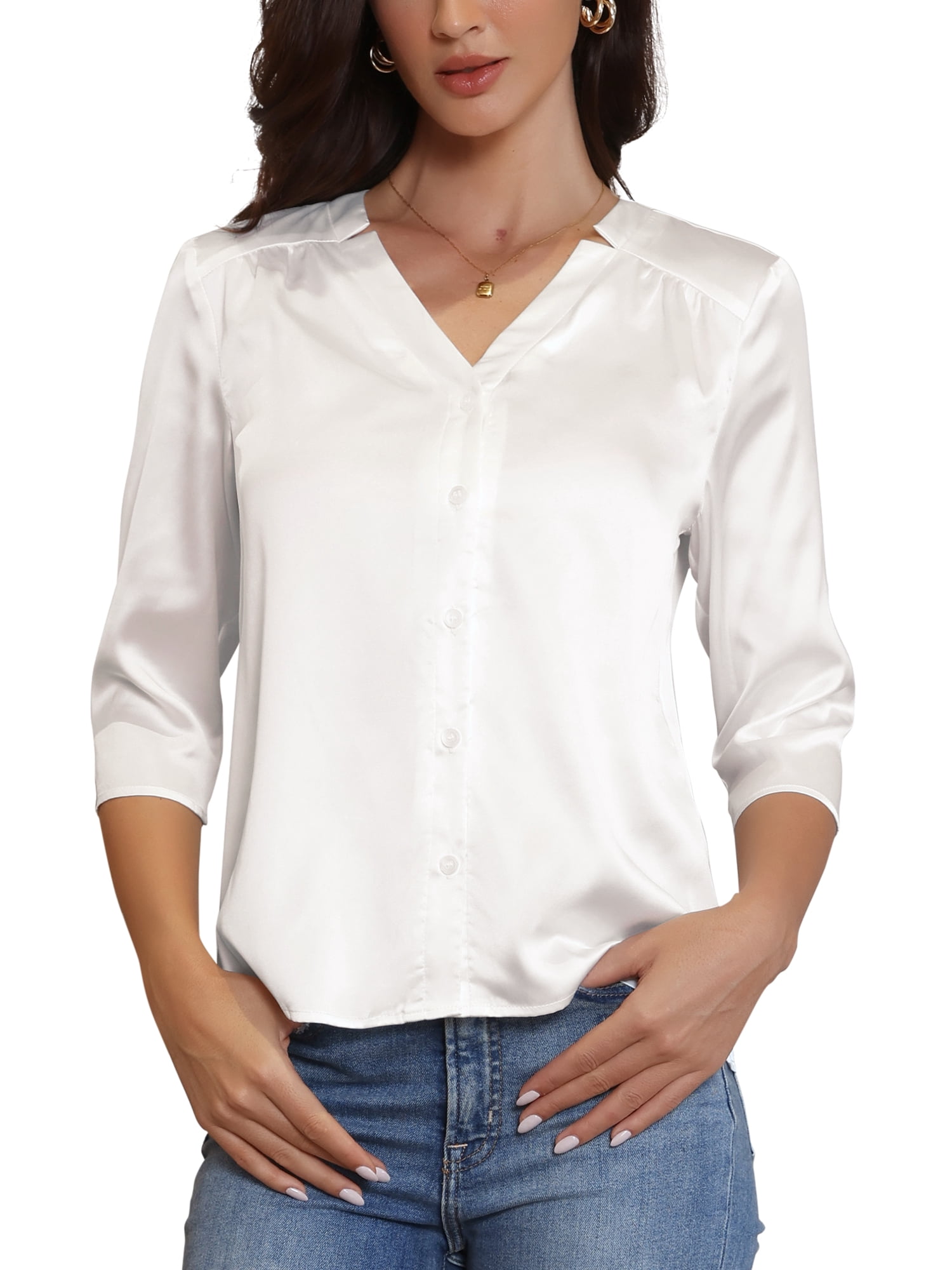DARING DIVA Women's Satin Blouse Split V Neck 3/4 Sleeve Button Down Shirt XL White